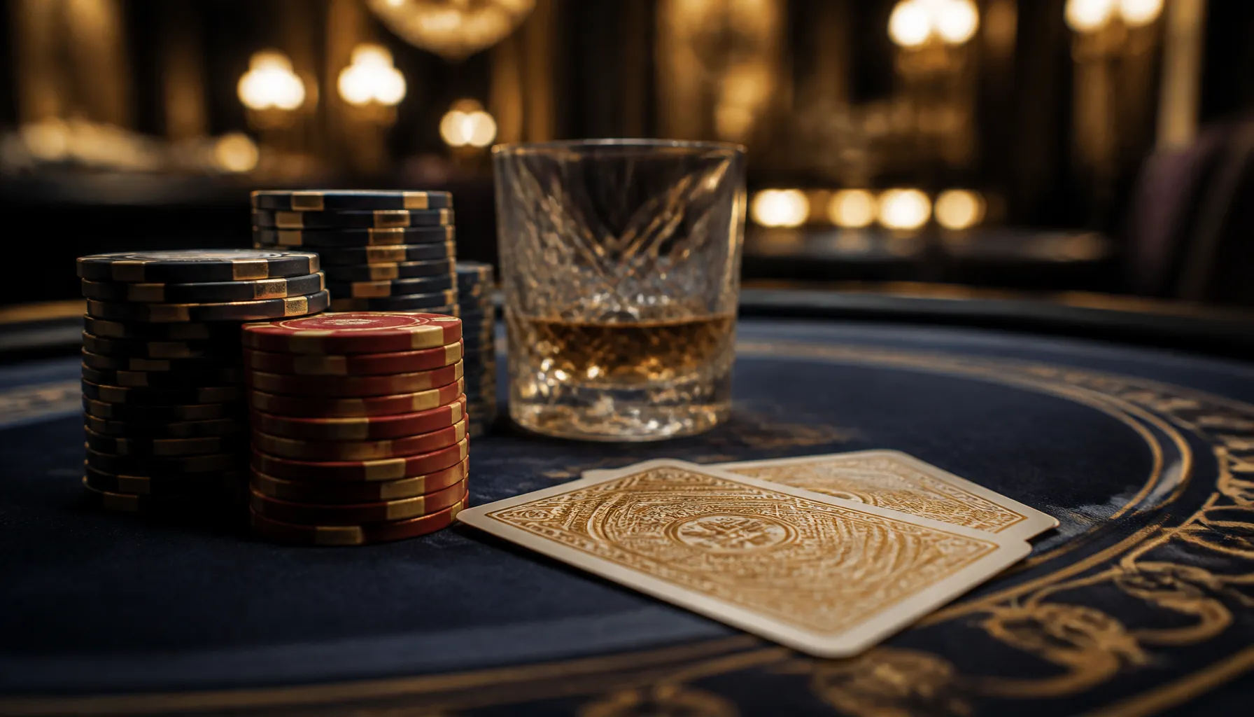 Cinematic luxury photo of swirling golden ethereal light and spirit flames over a dark polished surface with scattered casino