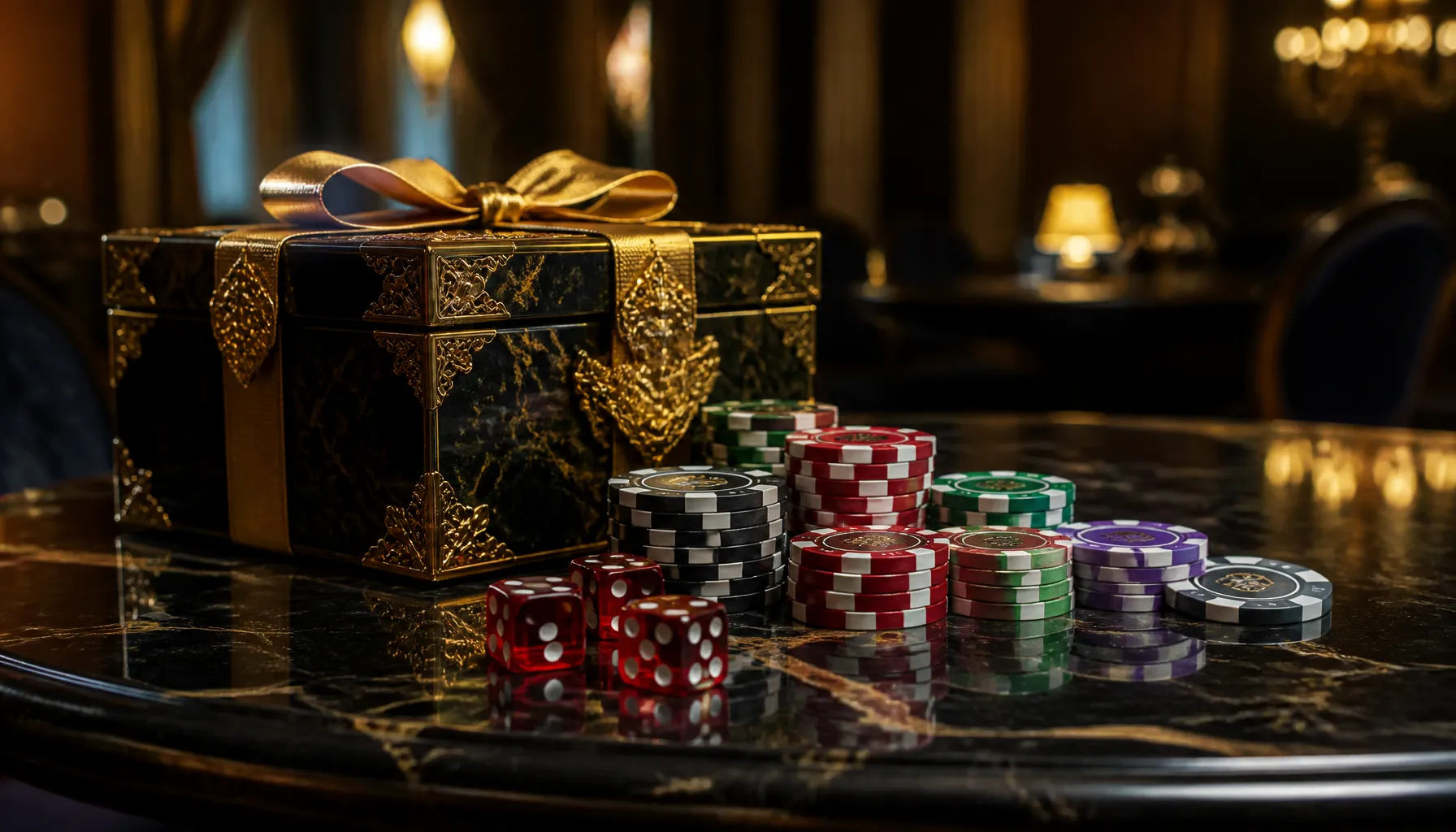 Cinematic luxury photo of swirling golden ethereal light and spirit flames over a dark polished surface with scattered casino