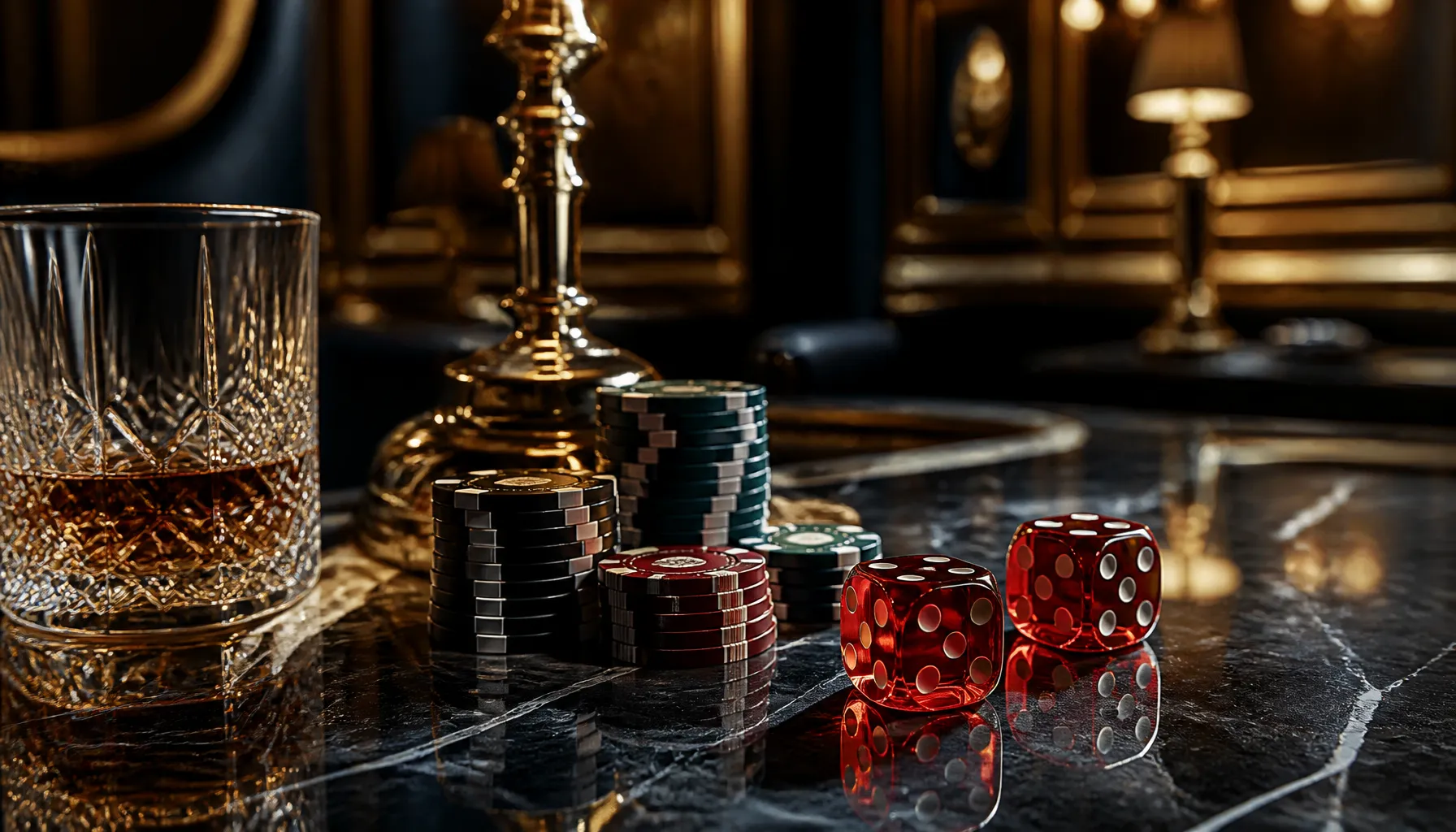 Cinematic luxury photo of swirling golden ethereal light and spirit flames over a dark polished surface with scattered casino