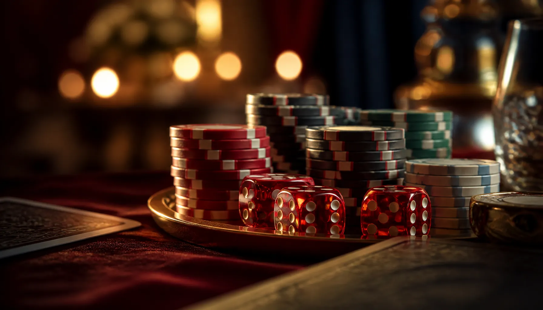 Cinematic luxury photo of swirling golden ethereal light and spirit flames over a dark polished surface with scattered casino