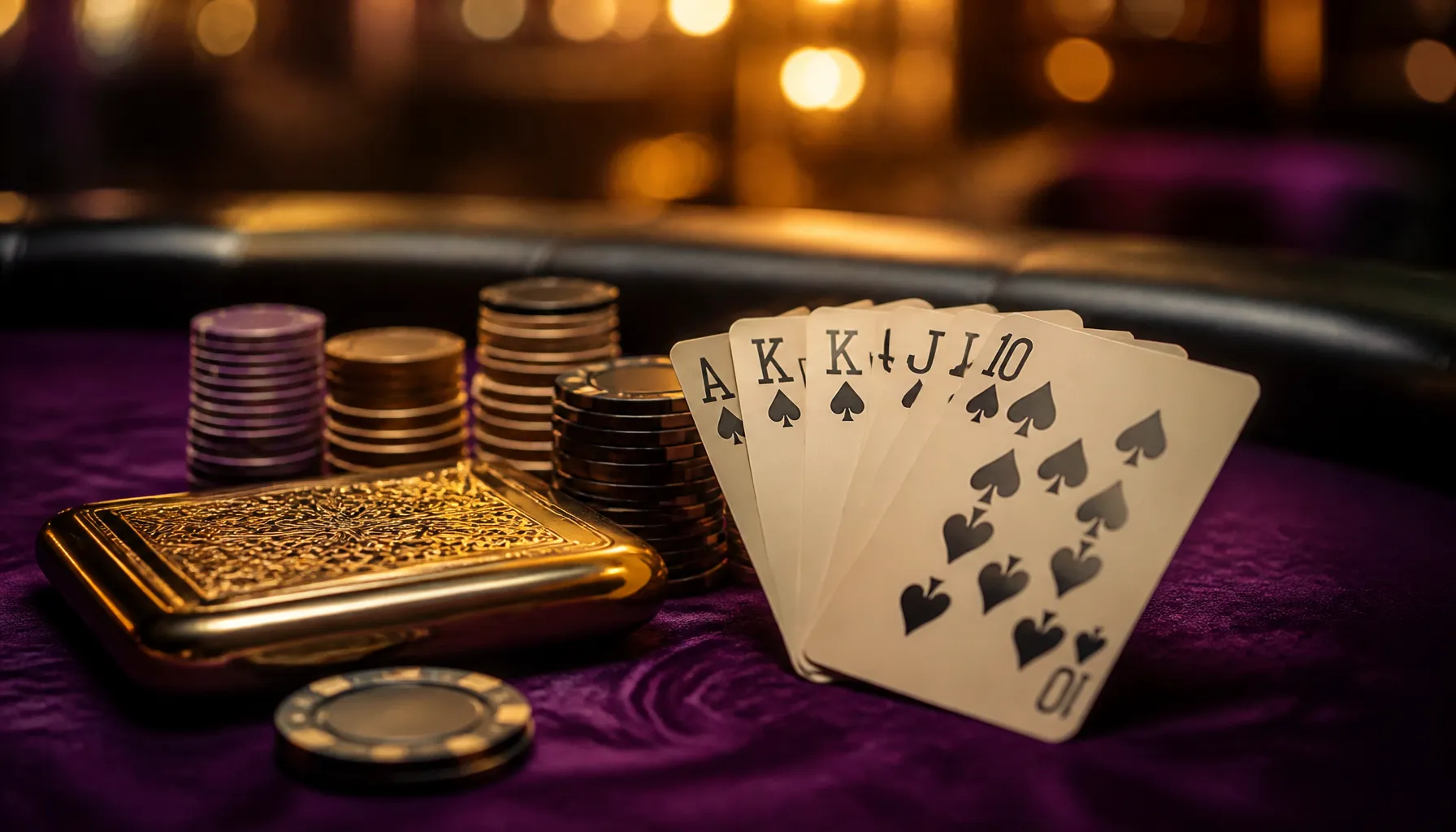 Cinematic luxury photo of swirling golden ethereal light and spirit flames over a dark polished surface with scattered casino