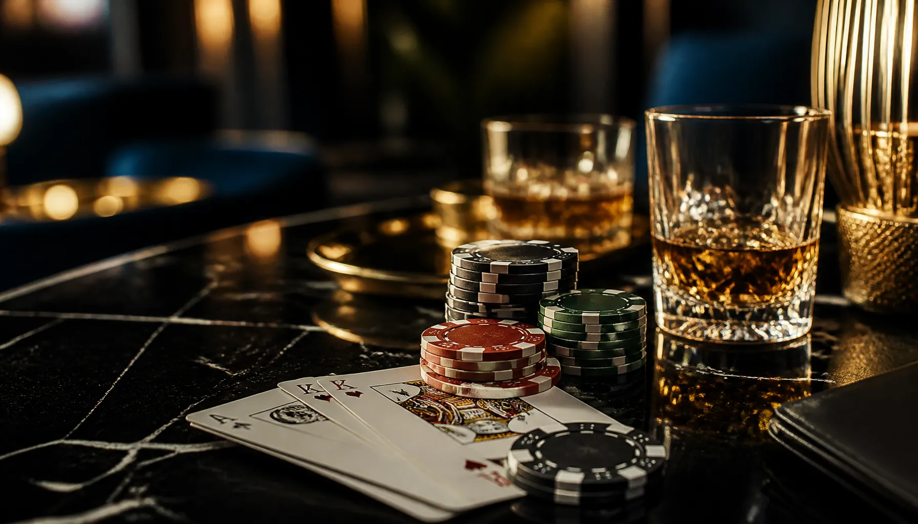 Cinematic luxury photo of swirling golden ethereal light and spirit flames over a dark polished surface with scattered casino