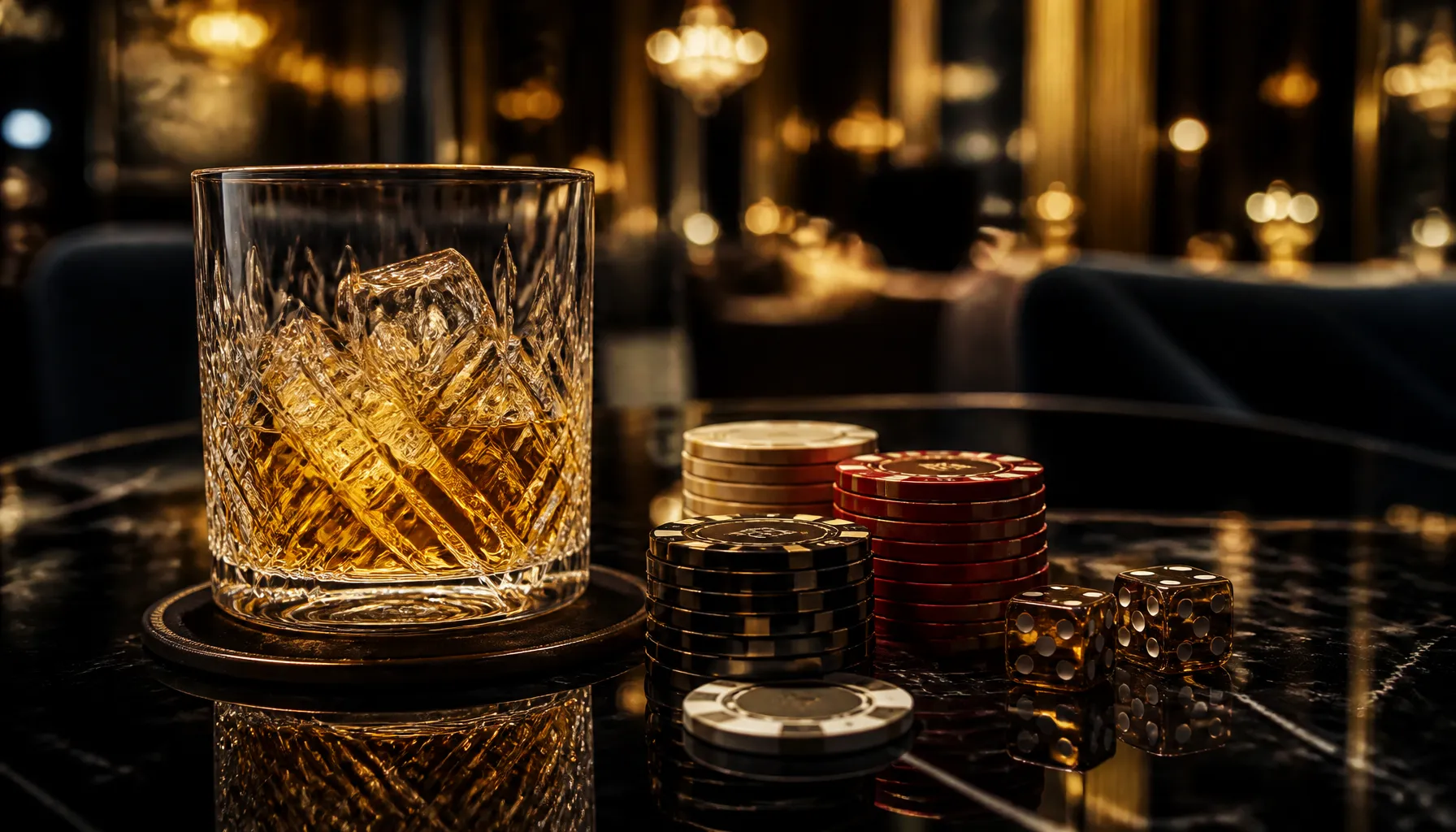 Cinematic luxury photo of swirling golden ethereal light and spirit flames over a dark polished surface with scattered casino