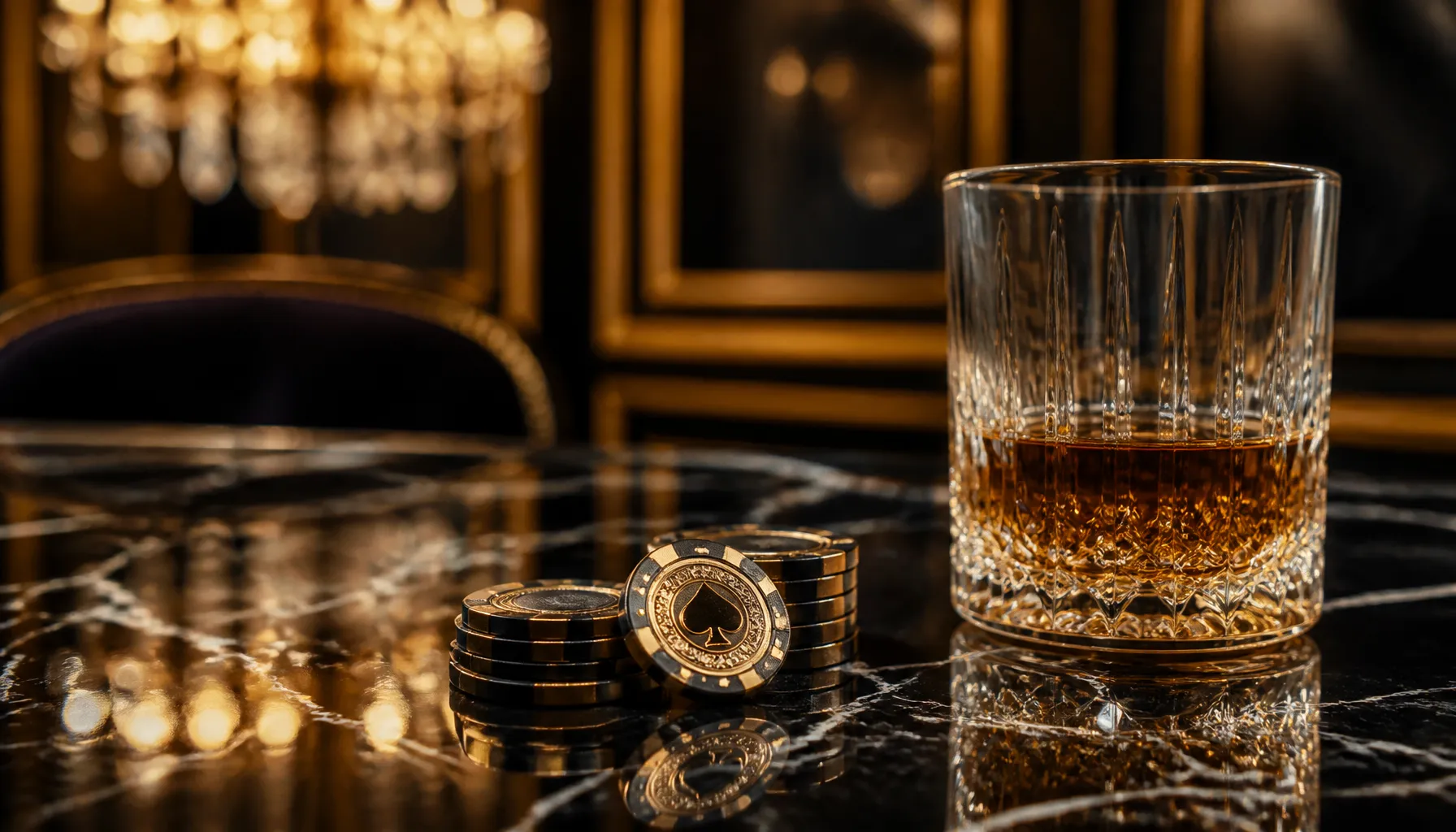 Cinematic luxury photo of swirling golden ethereal light and spirit flames over a dark polished surface with scattered casino